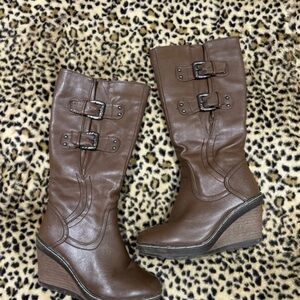 Brown Wedge Knee-High Boots with Dual Buckle Detail